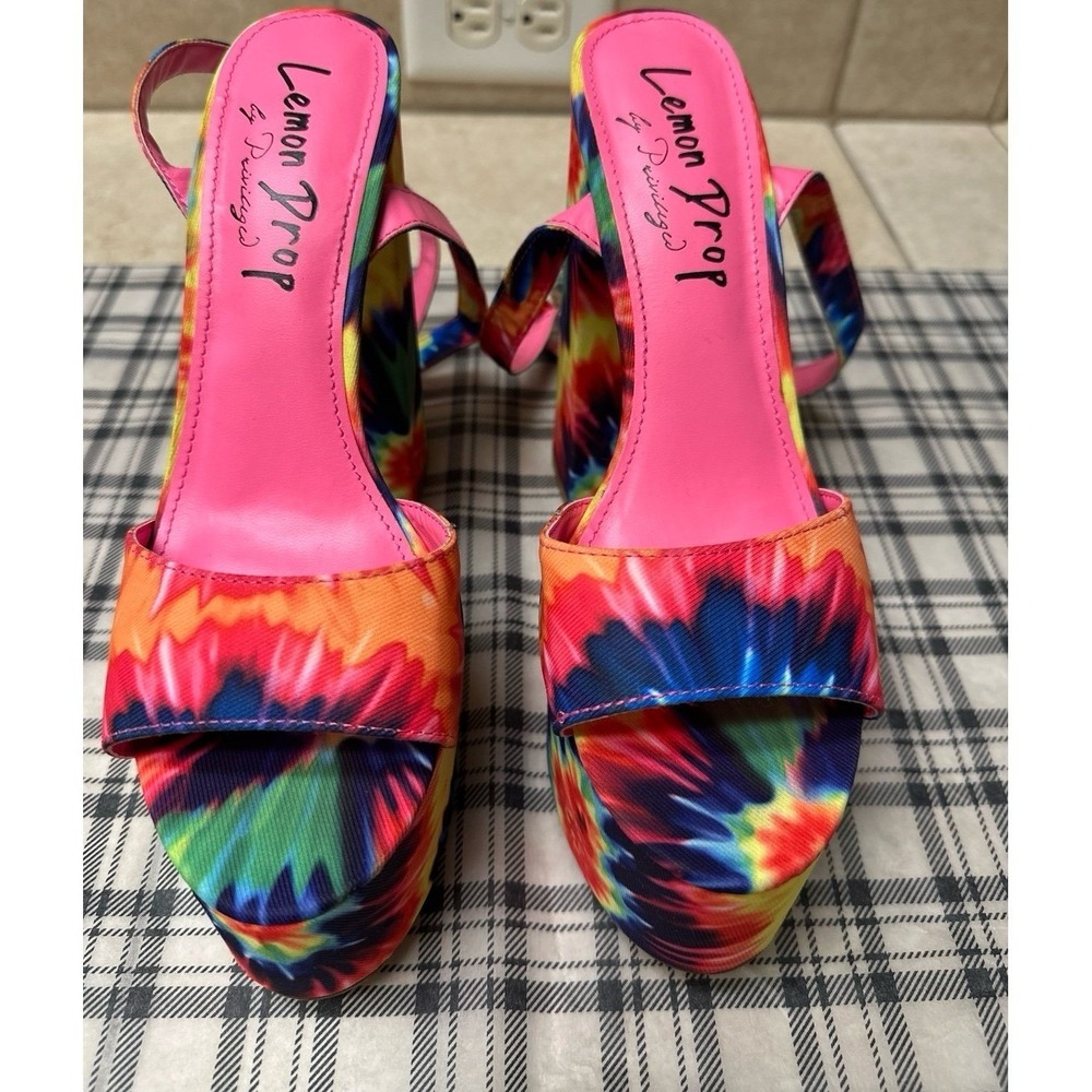 Lemon Drop by Privileged Tie Dye Platform Sandals Multi Color Block Heel Size 7